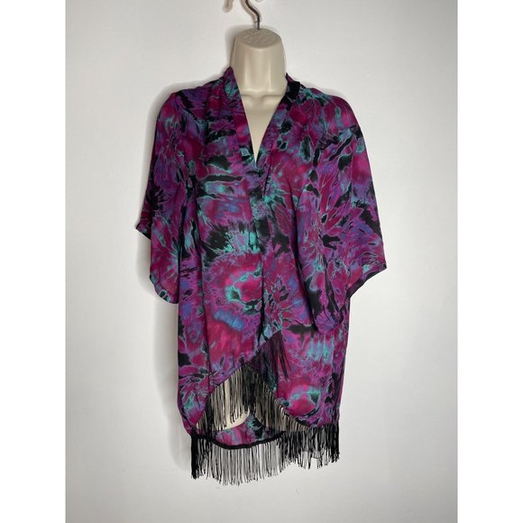 Hot Topic Tie Dye Fringe Kimono Purple Size Medium - Picture 4 of 7